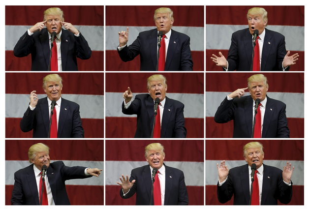This combination photograph shows U.S. Republican presidential candidate Donald Trump as he speaks at a campaign event in an airplane hanger in Rome, New York